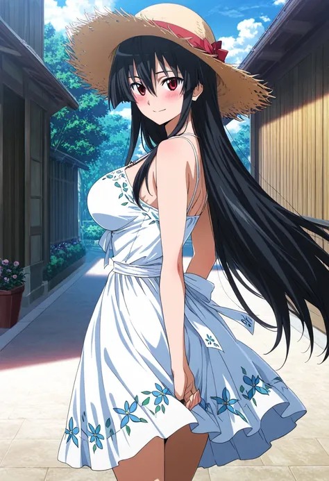 masterpiece, best quality, very aesthetic, anime screencap,1girl, solo, large breasts, blushing, looking at viewer,looking back,smile,akame, long hair, black hair, red eyes, hair between eyes,wearing a floral sundress and straw hat, walking on a sunny stre...