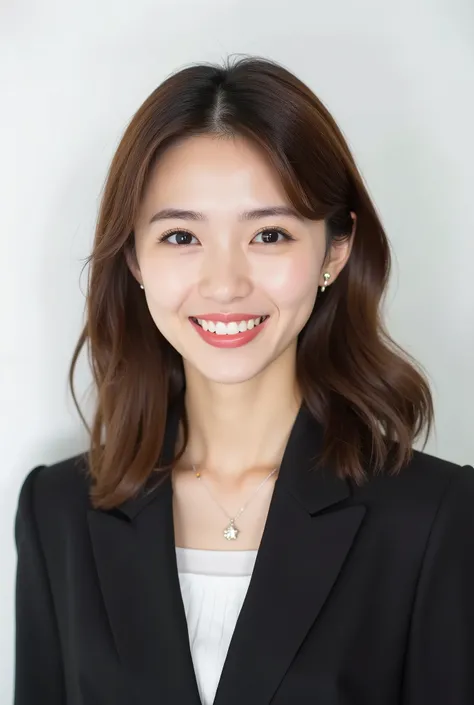 Beautiful Japanese Woman 、、 She is wearing an office lady suit、濃いeyeshadow 、Hairstyle medium long、wavy hair 、Light brown hair 、ear piercing、 smile showing teeth、 necklace、 white backgr
