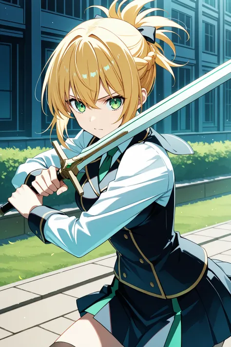  masterpiece,  highest quality, 2.5D,  actual , ,arms, Hold the sword , 1 Girl, To know that, _(series), 1 Girl,  Blonde _hair, Green_ eyes, tied hair
