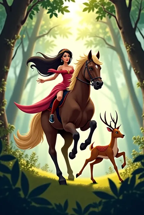 Princess Saba riding swiftly on her horse, chasing a graceful deer that is bounding through the forest. The scene is dynamic, with the horse's mane flying and the deer leaping through the trees.