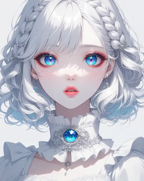 solo, lips, anime style, Artistic,doll, simple background,  moles at the corners of their mouth ,  high resolution, female,beautiful glitter effect,  eyes symbol ,  bigger eyes, gal,white skin braids, 