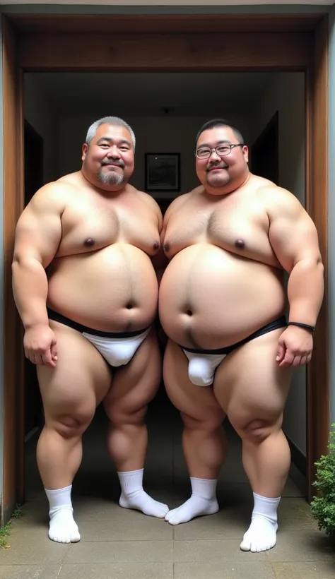  Gay Couple 、The Elderly and the Young、 fat man、Fat、fat、 Japanese、 Asian、 white socks、naked、Glasses、 jockstrap、Nipples、Body hair、 waving、 super detailed 、 anatomically correct、Residential area、entrance