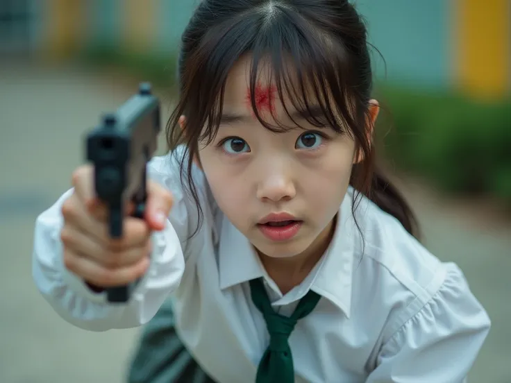 Generate image, HD, Masterpiece, 18 years old girl,  squinting, wearing school uniform, white shirt, green tie, grey and green skirt, with 9 mm gun aiming to the viewer, she gets shot in her forehead, in a school ground. She falls , surprised face, open mo...