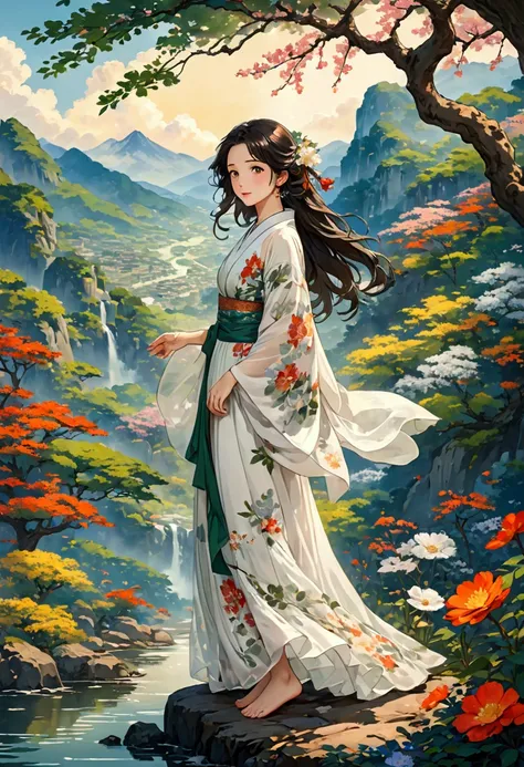 intense ink painting、One cute girl、 Standing barefoot on a rocky area with mountains in the background、palace、Japanese goddesses、white flowing see-through long dress、Brown-black long hair 、 jewelry、Perfect style, petite and beautiful、 wildflowers in full b...