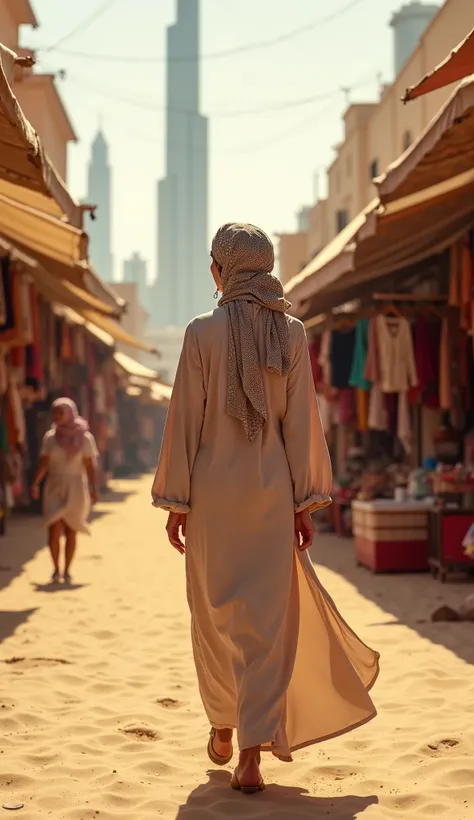 A full-body portrait of a U.S. woman in a stylish abaya, walking through a bustling souk in Dubai. The futuristic skyline and golden desert sands provide a contrast to the lively market full of textiles and exotic goods