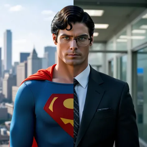 Generate a photo ，left Half Superman wearing Superman costume  ,right Half Clark Kent reporter wearing suits