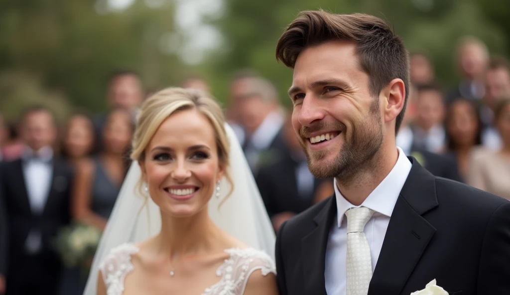 Image is a digitally edited photograph with a focus on a wedding scene. It features a bride and groom in the foreground, both smiling. The bride is wearing a white wedding dress and veil, with light skin and blonde hair. The groom is in a black suit with a...