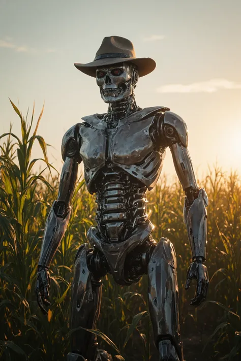 an AI terminator machine with an akubra on it's head standing in an Australian sugar cane field in the northern territory with the sun setting