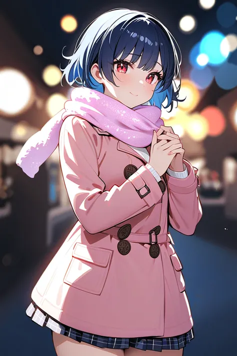 1 girl, masterpiece,  high resolution, accurate,  high detail, 
A blue-haired, short-haired high school girl with red eyes , 
**Illuminations Date – Girly & Cute Outfit** 

*"A short-haired blue-haired girl with striking red eyes walks through glowing wint...