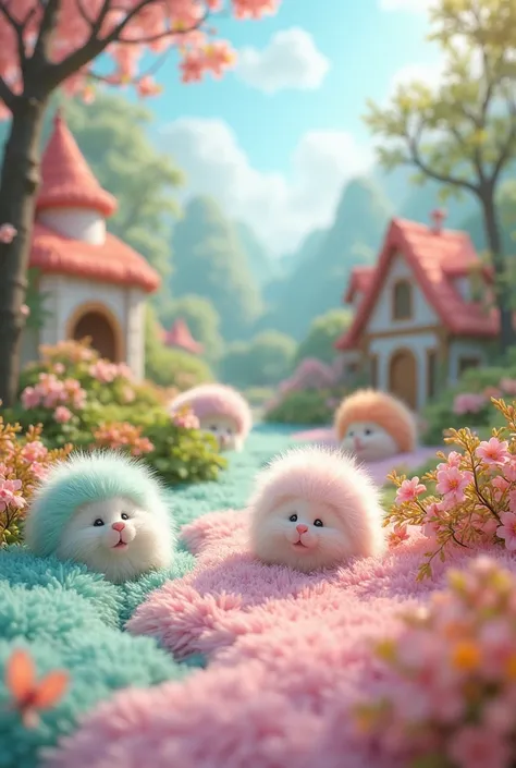 fluffy pictures of fluffy mink fur, houses, trees, flowers, mint, pink, orange, lilac,