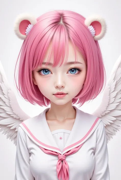  ski style,  1 girl, Alone,  pink hair,   animal ears,  blue eyes, Wings,  and stare at the viewer,  mole, bangs,  short hair, bow,  sailor collar,   simple background , white  sailor collar,  mole under mouth, hair bow, pink bow,  closed her mouth,  shirt...