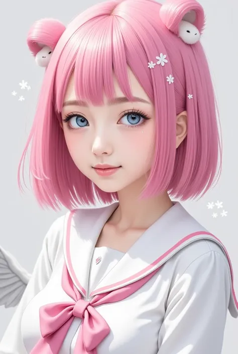  ski style,  1 girl, Alone,  pink hair,   animal ears,  blue eyes, Wings,  and stare at the viewer,  mole, bangs,  short hair, bow,  sailor collar,   simple background , white  sailor collar,  mole under mouth, hair bow, pink bow,  closed her mouth,  shirt...