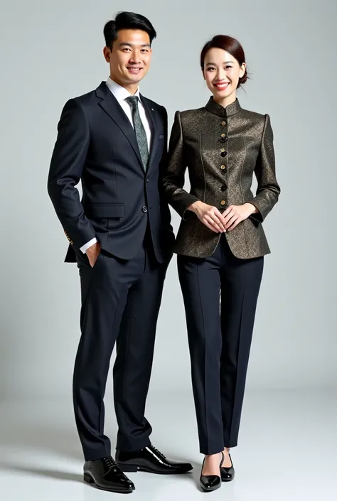 "Modern, formal airport customer service uniform with a Malay touch. Male staff in a tailored dark navy or charcoal gray suit, featuring a subtle songket design on the fabric. The look is polished with a white or light-colored shirt, a simple tie with gold...