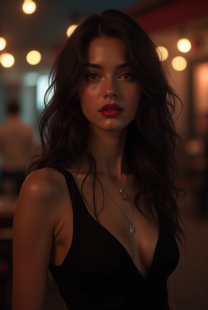 Create a realistic woman,  wearing a black dress, The girl is a brunette with long and wavy black hair, her lips color red , 18 years old, On a night out on the town 