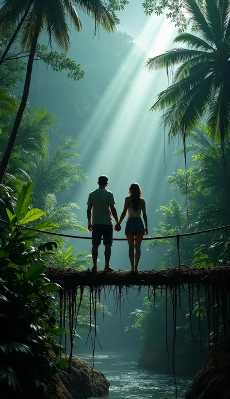 "A beautiful yet dangerous Brazilian jungle with thick vines, quicksand, and a deadly storm looming over a couple standing on a narrow bridge."
