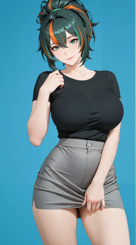 masterpiece, extremely detailed,realisric skin texture,4k,solo,1girl,adult ,((fullbody)),zhu yuan,ponytail streaked hair,happy,slim body, sexy legs,perfect body,large breasts,housewife,grey hot skirt,((black shirt)),soft light, high detailed, best quality,...