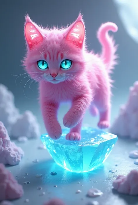 A dynamic, fantasy-style depiction of a pink crystalline cat mid-leap, with glowing turquoise eyes and vibrant white highlights around the ears and edges. The cat's fur appears textured like flowing icy waves, detailed with intricate reflections and patter...