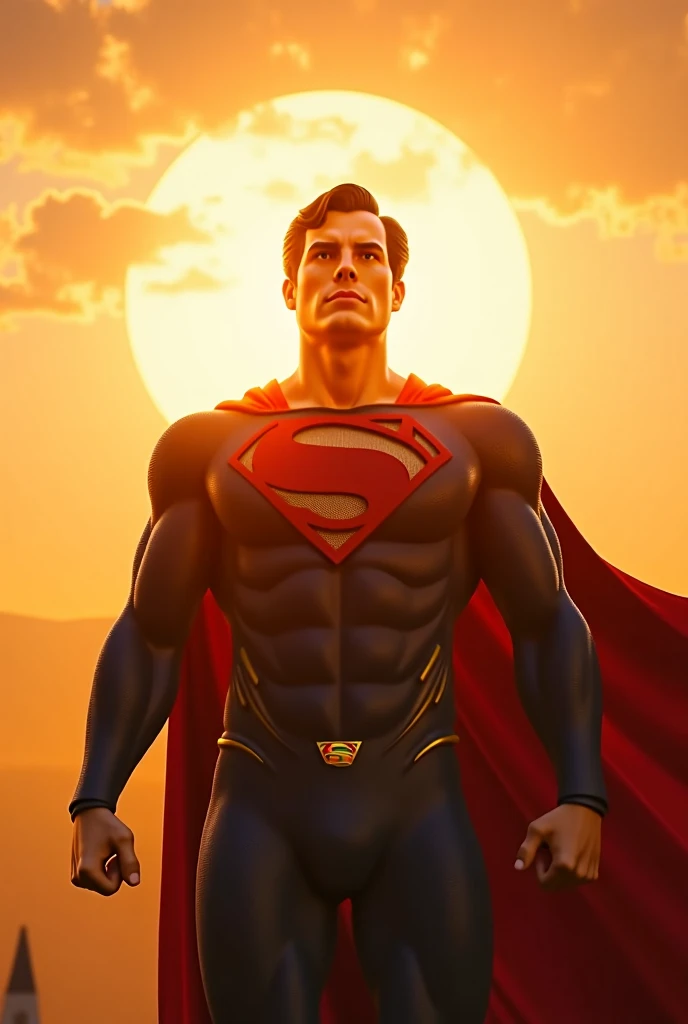 Photo of Superman in the foreground, flying in space rising from the sun, his two arms are facing forward, his fists are clenched.
