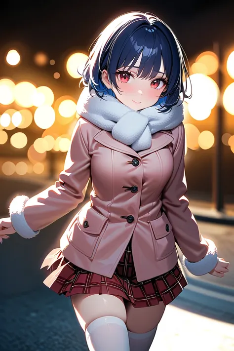 1 girl, masterpiece,  high resolution, accurate,  high detail, top quality, 
A blue-haired, short-haired high school girl with red eyes , 
A beautiful high school girl with short blue hair and striking red eyes walks through a dazzling winter illumination ...