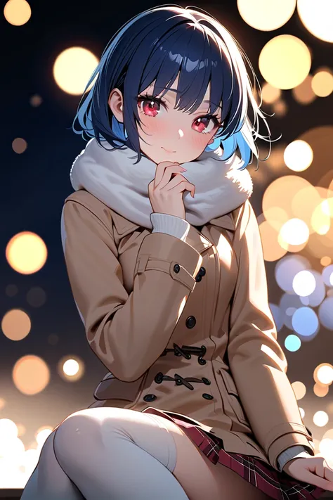 1 girl, masterpiece,  high resolution, accurate,  high detail, top quality, 
A blue-haired, short-haired high school girl with red eyes , 
A beautiful high school girl with short blue hair and striking red eyes walks through a dazzling winter illumination ...