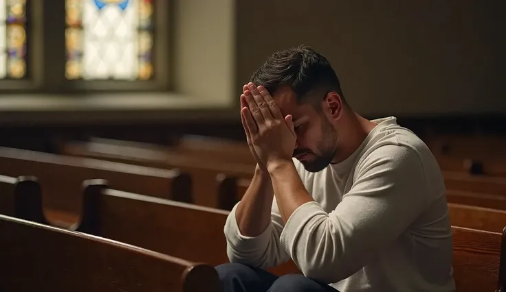 Pose: He sits on a wooden pew, head bowed forward, hands clasped together resting against his forehead in deep prayer.
Attire: A simple, long-sleeved cotton shirt, slightly wrinkled for realism, emphasizing sincerity over appearance.
Lighting: A soft beam ...