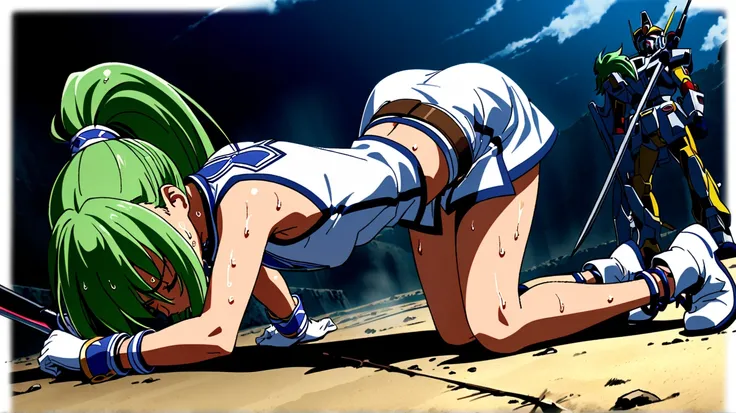   1 girl,Alone,Strong Will ,  green hair,   crouch ,   your hair bounces off ,   sleeveless,   long hair,chest,ハンドレス gloves  ,Winning Spirit,  sleeveless, ,   Pretty Cure,Gundam,Yu-Gi-Oh!!!,Crimson Song , lively,  LOW ANGLE  ,,   ,  ponytail, After the Bat...