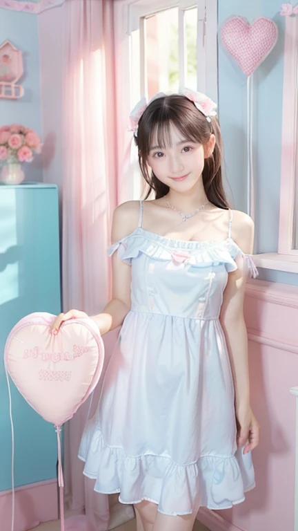 ( highest quality、 Masterpiece、8k、 best image quality、(((( transparent nightgown )))),  hyperrealism、 Award-winning work )、1 Lolita girl、( alone:1.1)、( 1 photo:1.1)、( cute and girly light pink ruffle open chest lolita dress:1.2)、( Cute Girly Big Ribbons :1...