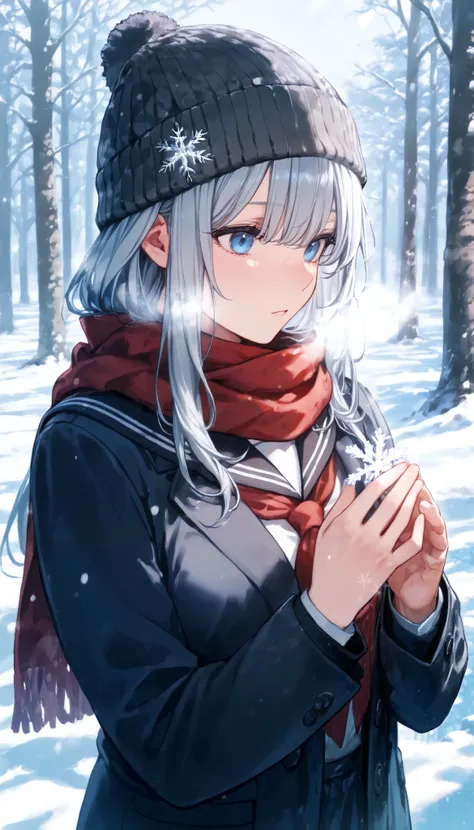  1 girl,  blue eyes,  long hair,  Grey Hair , , çµç¹ ,  sailor collar,  scarf,  gradation shirt that Furakana has , Beanie,  Long Sleeve, uniform, 学校のuniform,  viewers, Outdoors, snow, Alone, tree,  upper body, red  scarf, breathe, black  sailor collar, Em...