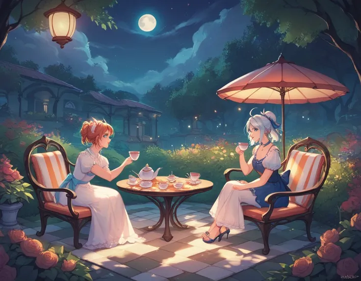 night, full moon, garden, gazebo, Tea Party, mysterious atmosphere, noble