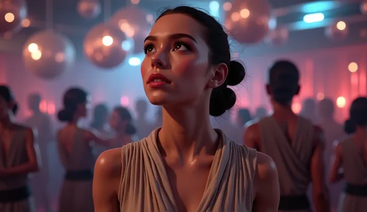 Hyper realistic. Rey Star Wars lookalike. Wearing a low cut Jedi dress. She looks up. Full body shot. Behind in soft focus is a disco hall