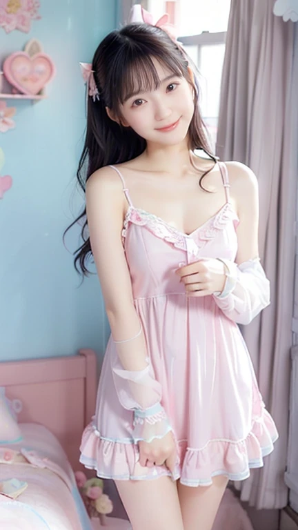 ( highest quality、 Masterpiece、8k、 best image quality、(((( transparent nightgown )))),  hyperrealism、 Award-winning work )、1 Lolita girl、( alone:1.1)、( 1 photo:1.1)、( cute and girly light pink ruffle open chest lolita dress:1.2)、( Cute Girly Big Ribbons :1...