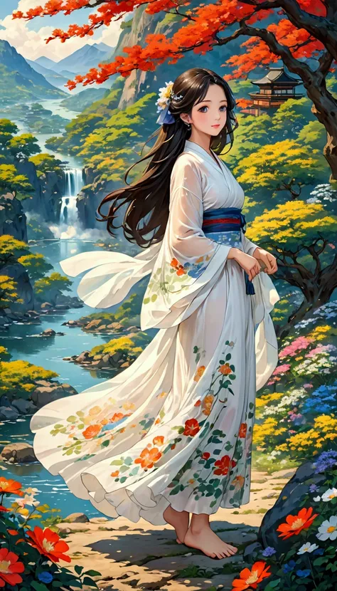 intense ink painting、One cute girl、 Standing barefoot on a rocky area with mountains in the background、palace、Japanese goddesses、white flowing see-through long dress、Brown-black long hair 、 jewelry、Perfect style, petite and beautiful、 wildflowers in full b...