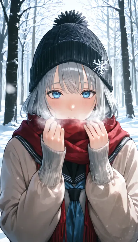 1 girl, blue eyes, long hair, Grey Hair , , çµç¹ , sailor collar, scarf, gradation shirt that Furakana has , Beanie, Long Sleeve, uniform, 学校のuniform, viewers, Outdoors, snow, Alone, tree, upper body, red scarf, breathe, black sailor collar, Em...