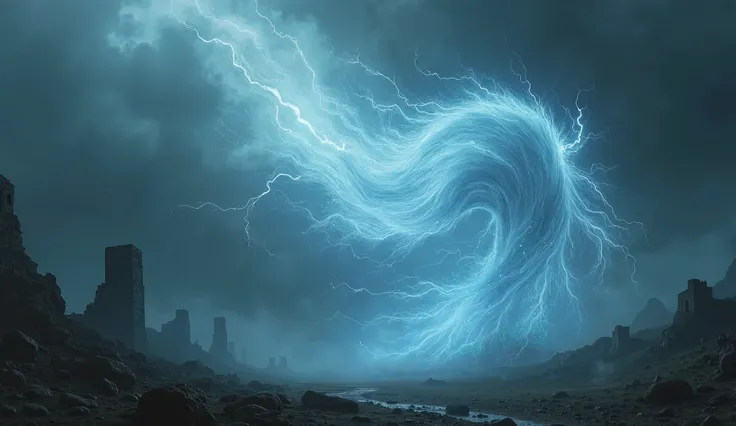 A swirling, ethereal gust of wind manifesting as a spectral form in a dark, stormy landscape. The wind takes on an almost tangible presence, with ghostly, translucent tendrils spreading through the air, carrying whispers or faint glowing symbols as though ...