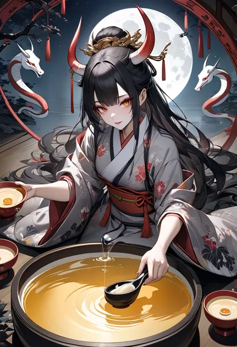 An overhead view of the majestic Oni empress’s hand in a traditional kimono gracefully pouring sake into an oversized cup with the beautiful full moon vividly reflected in the overflowing sake, Her sharp imposing eyes subtly peek through the background emp...