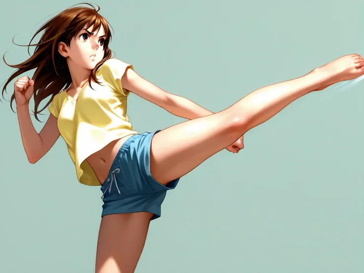 1girl, kicking, flying_kick, barefoot, shorts, solo, brown_hair