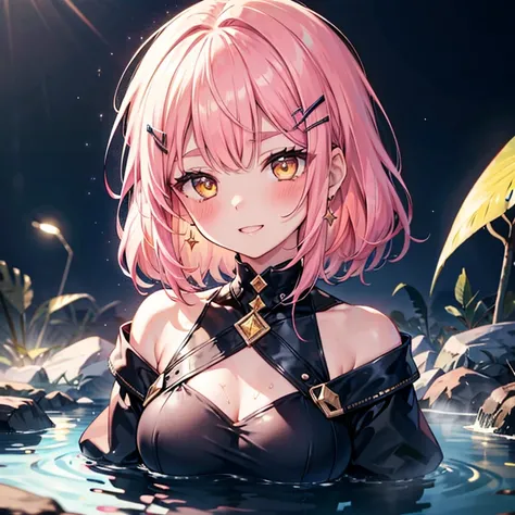  1 girl bathing in a hot spring, Solo,  high resolution,  chest,  watching viewers,  blushed, smile,  bangs, hairclip, snaggletooth, Glitter effect, widescreen, masterpiece,  top quality,  pink hair, black bridge,  yellow eyes,  golden eyes , short, round ...