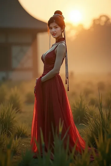  bokeh background，Wong Kar-wai，Movie atmosphere，,Sexy portrait full body photo ， Girl in a new Chinese costume ，Delicate facial features，Clear Faces ，Big Breasts， standing on the grass ， In a quaint environment ， with soft sunlight showing a faint golden h...