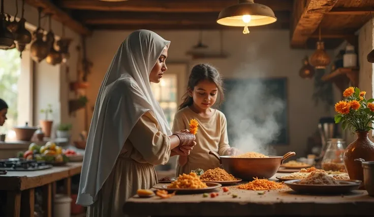 a very clear ultra HD dynamic image of "A bustling open-air kitchen. A modestly dressed girl in a white hijab  an oil woman whispering secrets with her and she is shoked.
Colors: Warm earth tones,
indian culture, indian mythology, realistic 4k,bright color...