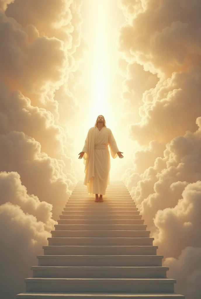 Jesus Welcoming a Person into Heaven, On a white and super beautiful staircase 