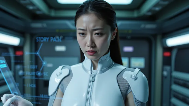 Hot Asian girl in white cyberpunk armor touching a HUD in the corridor of a ship. Extreme close up of her face feeling a headache causing her pain.