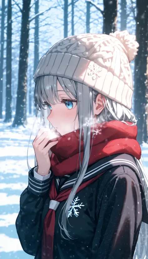  1 girl,  blue eyes,  long hair,  Grey Hair , , çµç¹ ,  sailor collar,  scarf,  gradation shirt that Furakana has , Beanie,  Long Sleeve, uniform, 学校のuniform,  viewers, Outdoors, snow, Alone, tree,  upper body, red  scarf, breathe, black  sailor collar, Em...