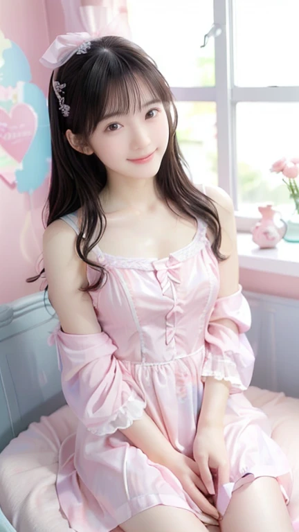 ( highest quality、 Masterpiece、8k、 best image quality、(((( transparent nightgown )))),  lace underwear,  hyperrealism、 Award-winning work )、1 Lolita girl、( alone:1.1)、( 1 photo:1.1)、(cute and girly light pink nightgown:1.2)、( Cute Girly Big Ribbons :1.1)、G...