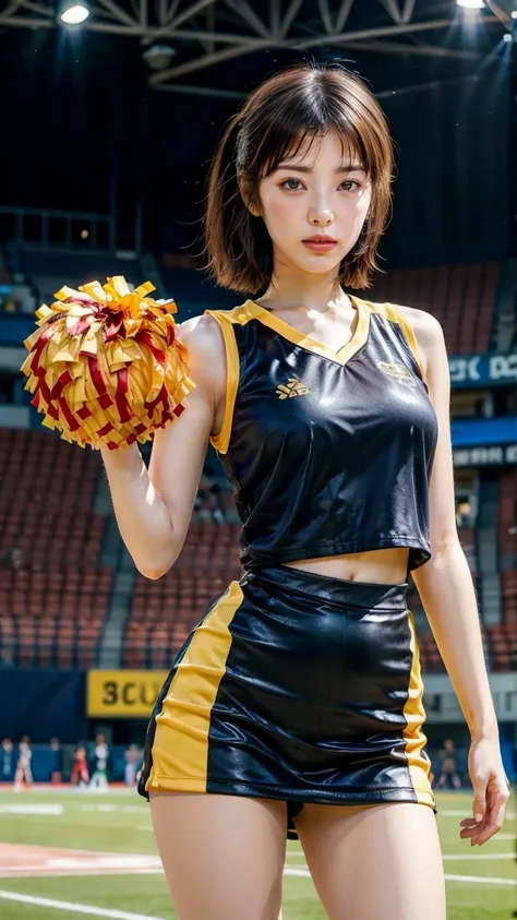 A beautiful young Japanese woman, 20 years old, with perfect anatomy, healthy thighs, beautiful feet, flawless skin, random hair color and style, large bust, (she is standing:1.2), wearing a cheerleader uniform with micro-pleated miniskirt, in a full body ...