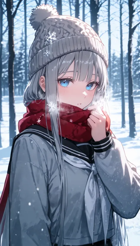  1 girl,  blue eyes,  long hair,  Grey Hair , , çµç¹ ,  sailor collar,  scarf,  gradation shirt that Furakana has , Beanie,  Long Sleeve, uniform, 学校のuniform,  viewers, Outdoors, snow, Alone, tree,  upper body, red  scarf, breathe, black  sailor collar, Em...