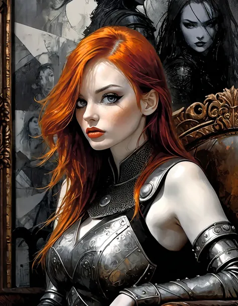 sexy girl, long hair, dark reddish orange hair, portrait, warrior armor, sitting on dark throne, dark art, black and white sketch style, art inspired by Bill Sienkiewicz and Dave McKean, (best quality,4k,8k,highres,masterpiece:1.2),ultra-detailed,(realisti...