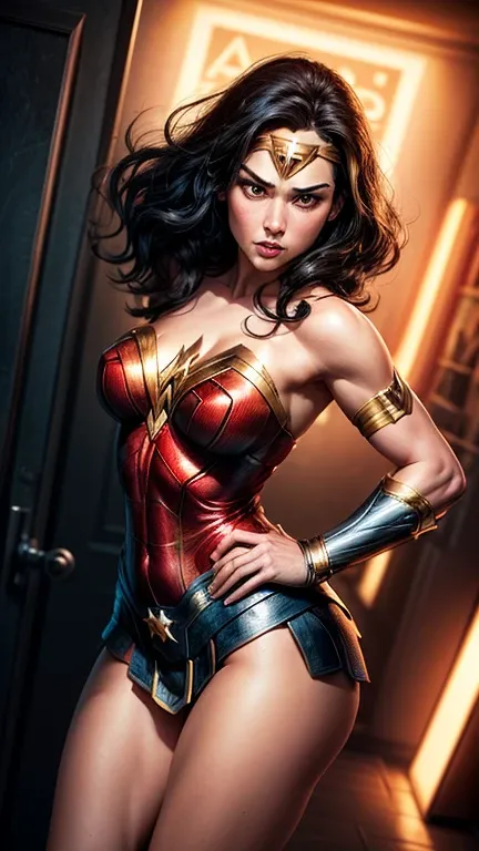 a cartoon-style hypersexualized Wonder Woman, full breasts, wide hips, big butt, gorgeous face, seductive pose, colorful comic book style, highly detailed, dynamic action, vibrant colors, dramatic lighting, cinematic composition, masterpiece, 8k, photoreal...