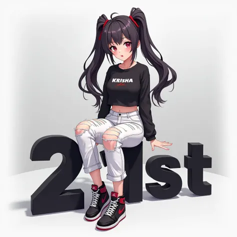 Create Beautiful large breast anime ponytail hair girl Sitting on a 3D Large Word "21st" which has Black Color and Design. The background is a white and grey gradient background and the girl ponytail hair and wearing Black crop top shirt with Name "KRISHA"...