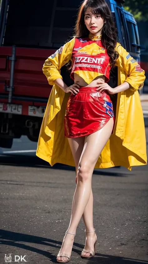 A beautiful Japanese woman, 20 years old, perfect anatomy, healthy thighs, beautiful legs, beautiful skin, random hair color, random hairstyle, large breasts, race queen, (race queen costume:1.3), zent, (she is standing:1.2), full body shot, high heels, ra...