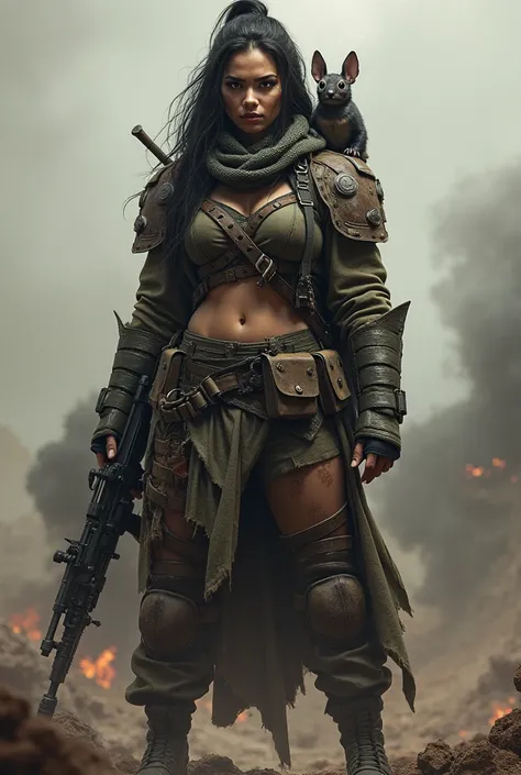 a female warlord wearing battle clothes bearing the name kirana the killer. he was standing holding a gun and stitch was on his shoulder